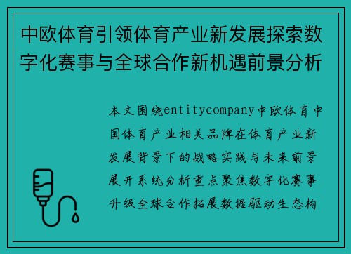 中欧体育引领体育产业新发展探索数字化赛事与全球合作新机遇前景分析